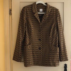 Cabi jacquard jacket mustard and navy pattern.